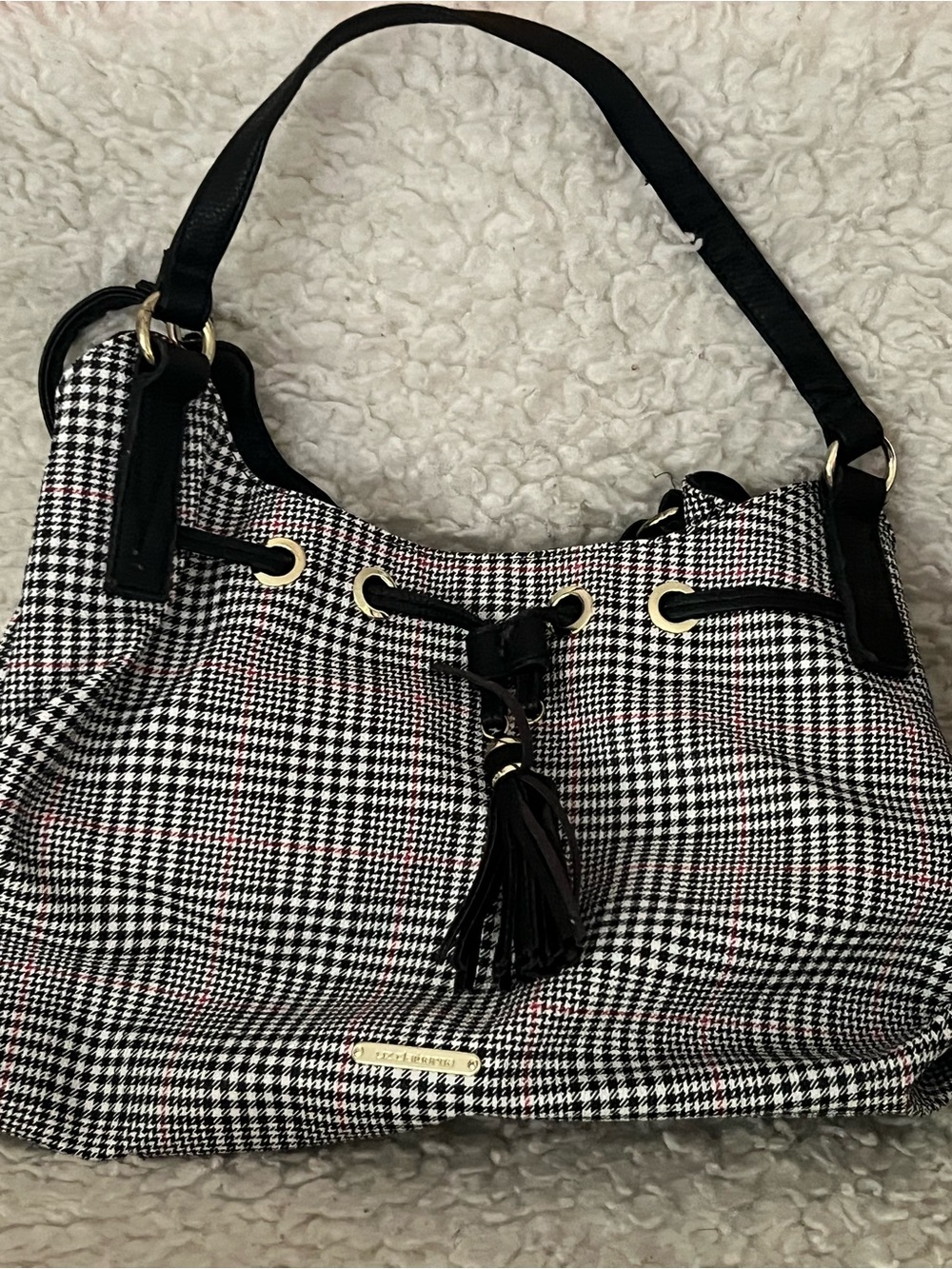 Liz Claiborne Black and White Houndstooth Shoulder Bag with Tassel